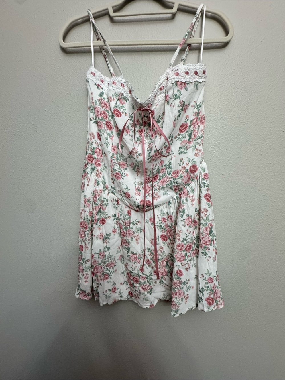 Floral Lace Spaghetti Strap Corset Top - White with Pink Roses Dress